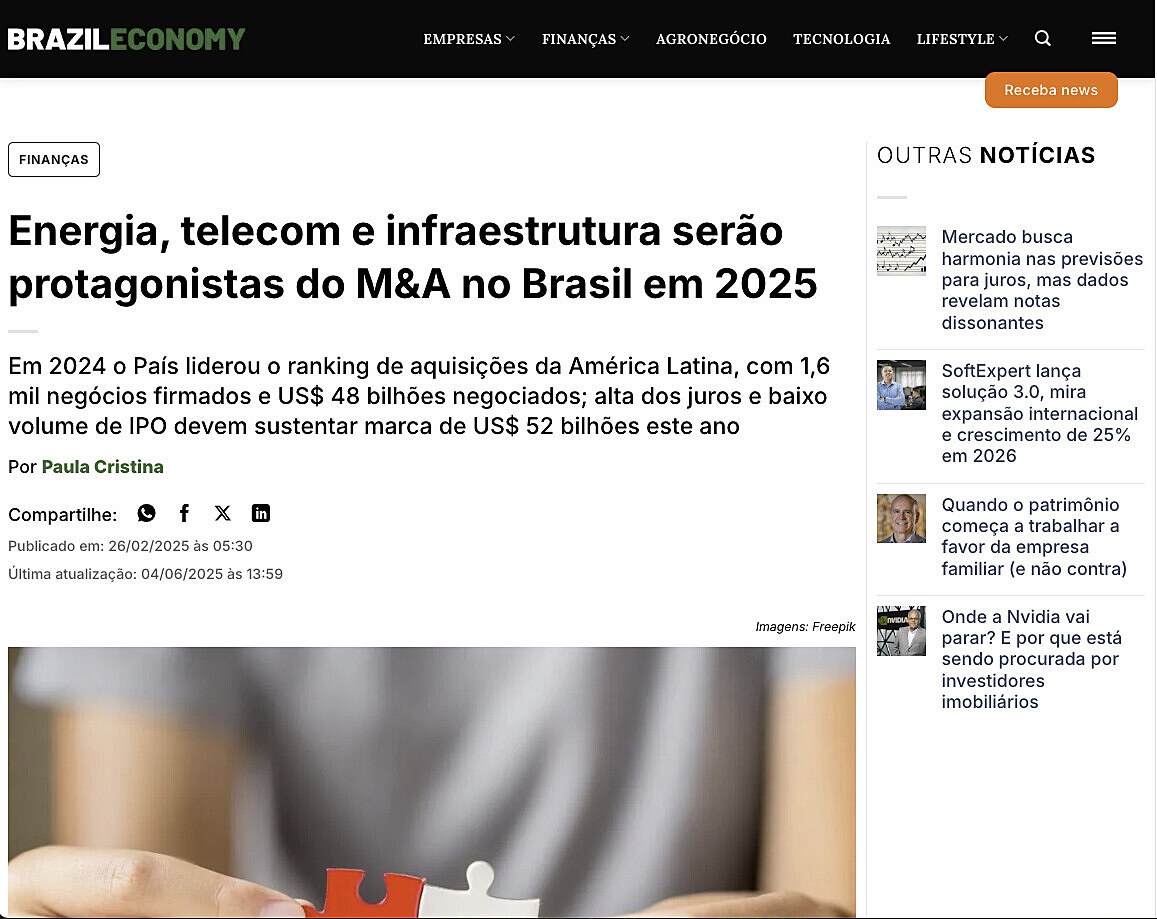 Energia, telecom e infraestrutura ser�o protagonistas do M&A no Brasil em 2025
